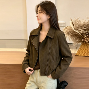 复古麂皮绒翻领短款夹克女秋季新款韩版百搭酷飒机车服小个子外套