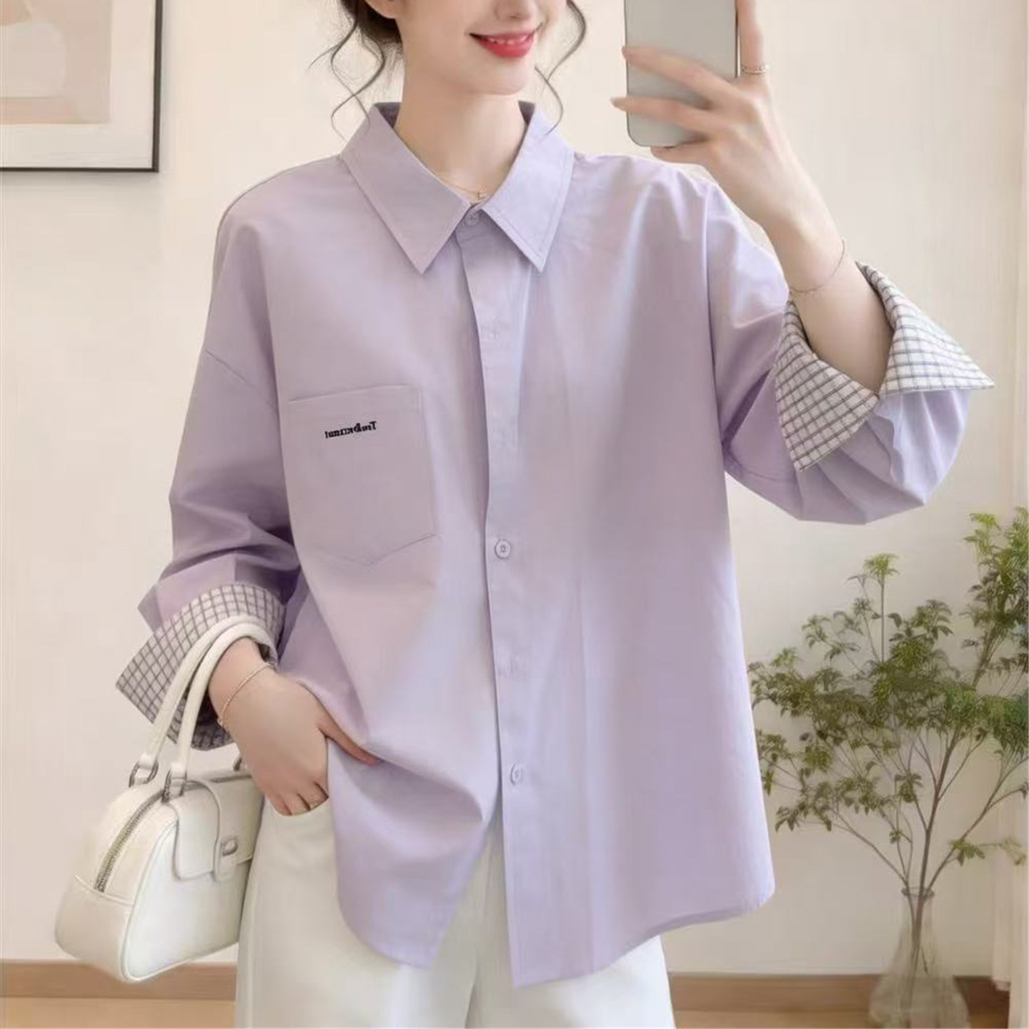 春季新款紫色格子显瘦长袖衬衫女