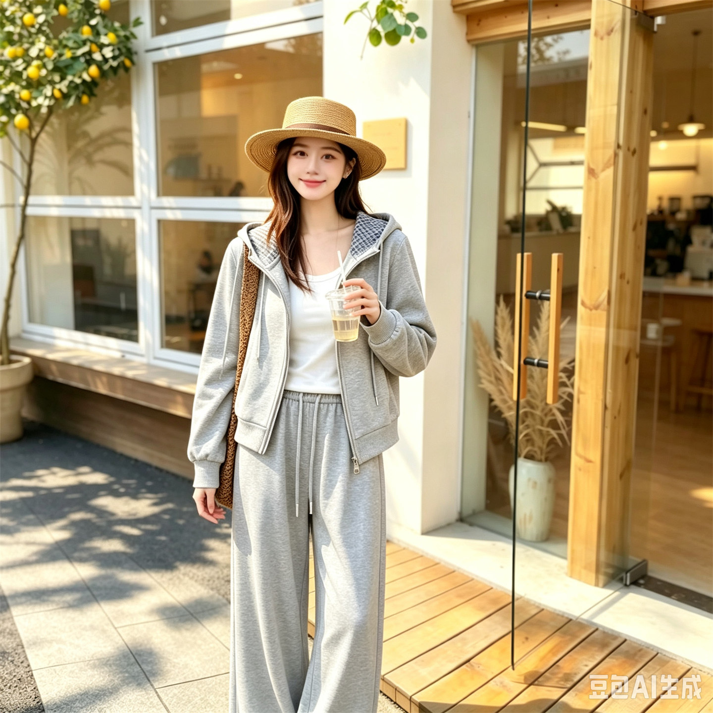 春秋季女连帽卫衣阔腿裤两件套装