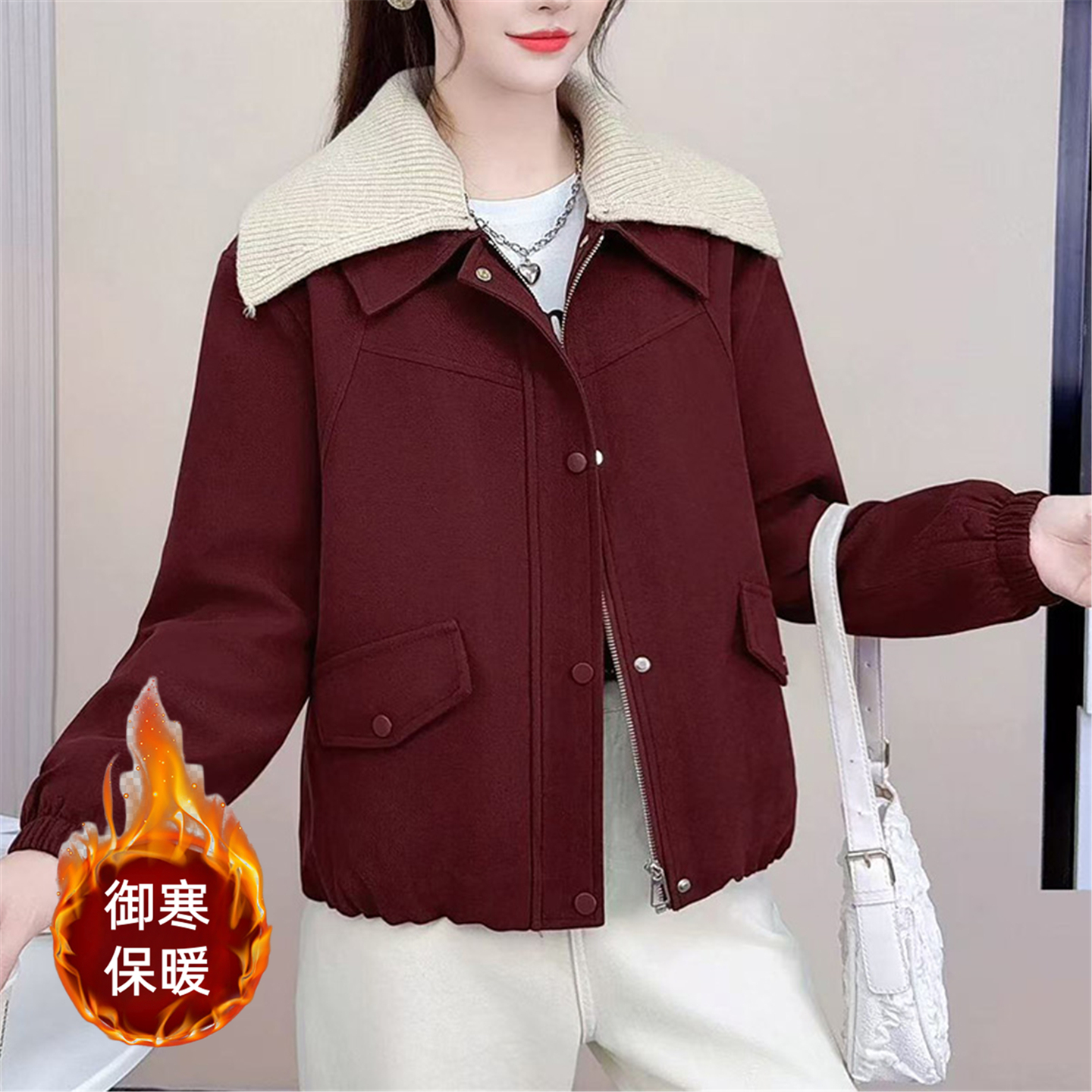 加棉毛呢外套女士短款秋冬季时尚大翻领拼接显瘦洋气呢子保暖大衣