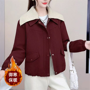 加棉毛呢外套女士短款秋冬季时尚大翻领拼接显瘦洋气呢子保暖大衣