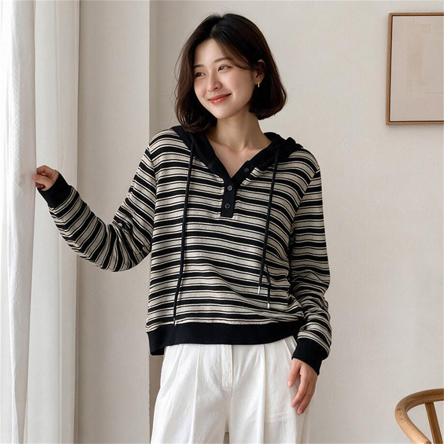 韩系条纹连帽宽松减龄针织衫女秋