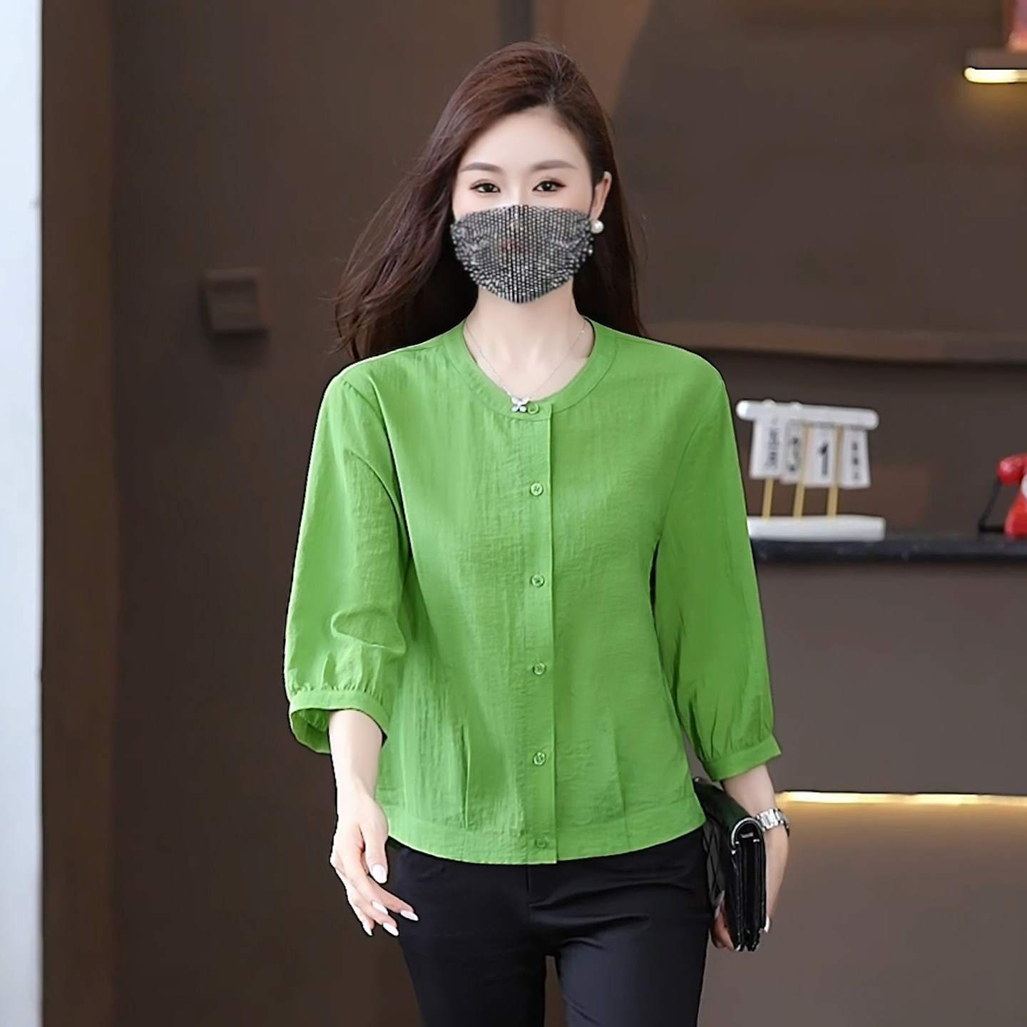 休闲设计感七分袖衬衫女早秋上衣