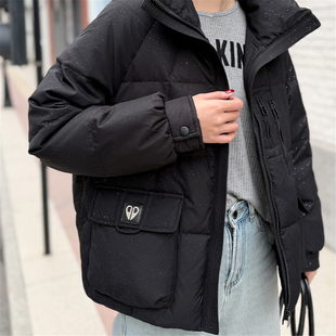 韩版时尚工装风立领羽绒服女冬季时尚百搭休闲宽松保暖白鸭绒外套