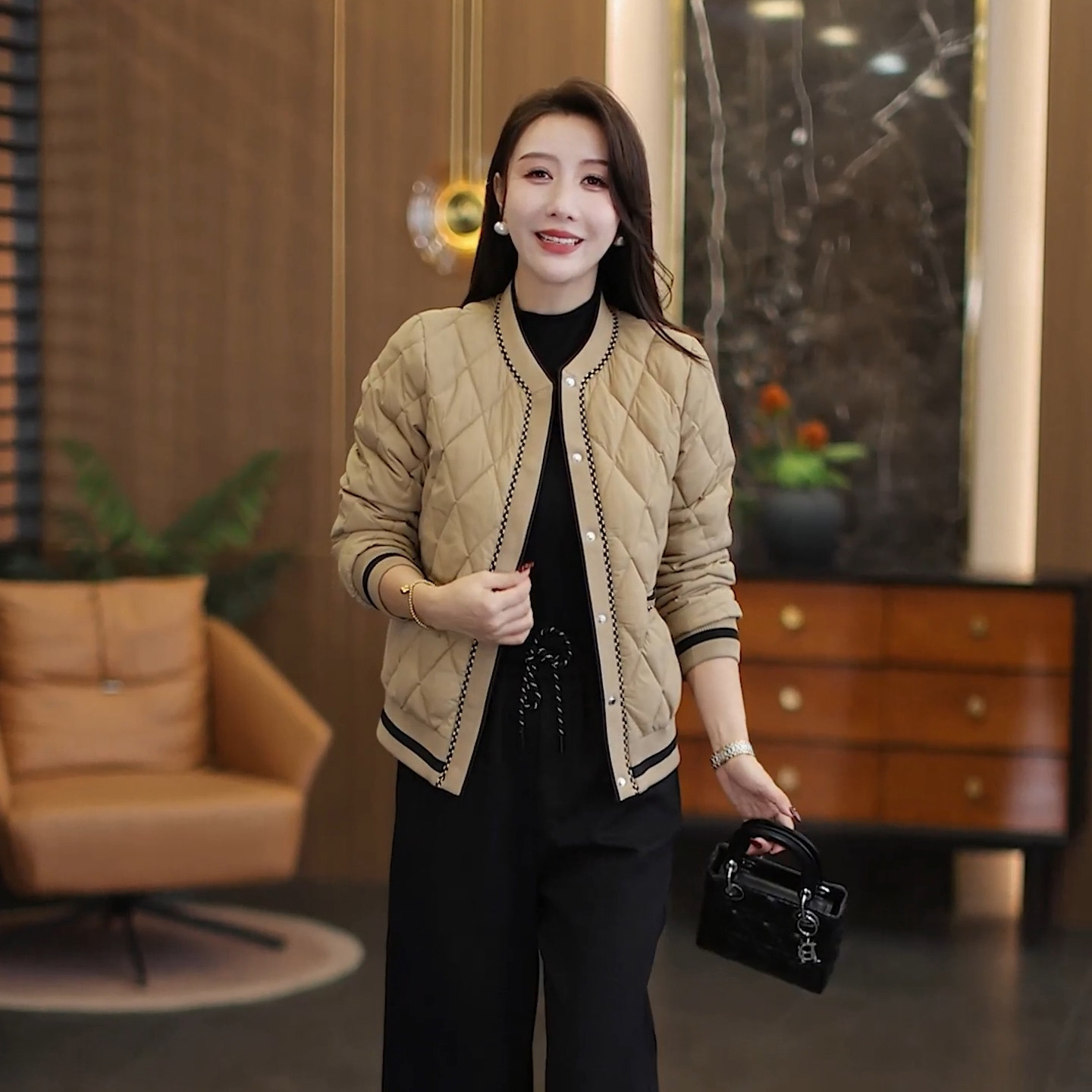 小个子轻薄保暖羽绒棉服女冬季休闲小香风菱格夹棉棒球服外套棉衣