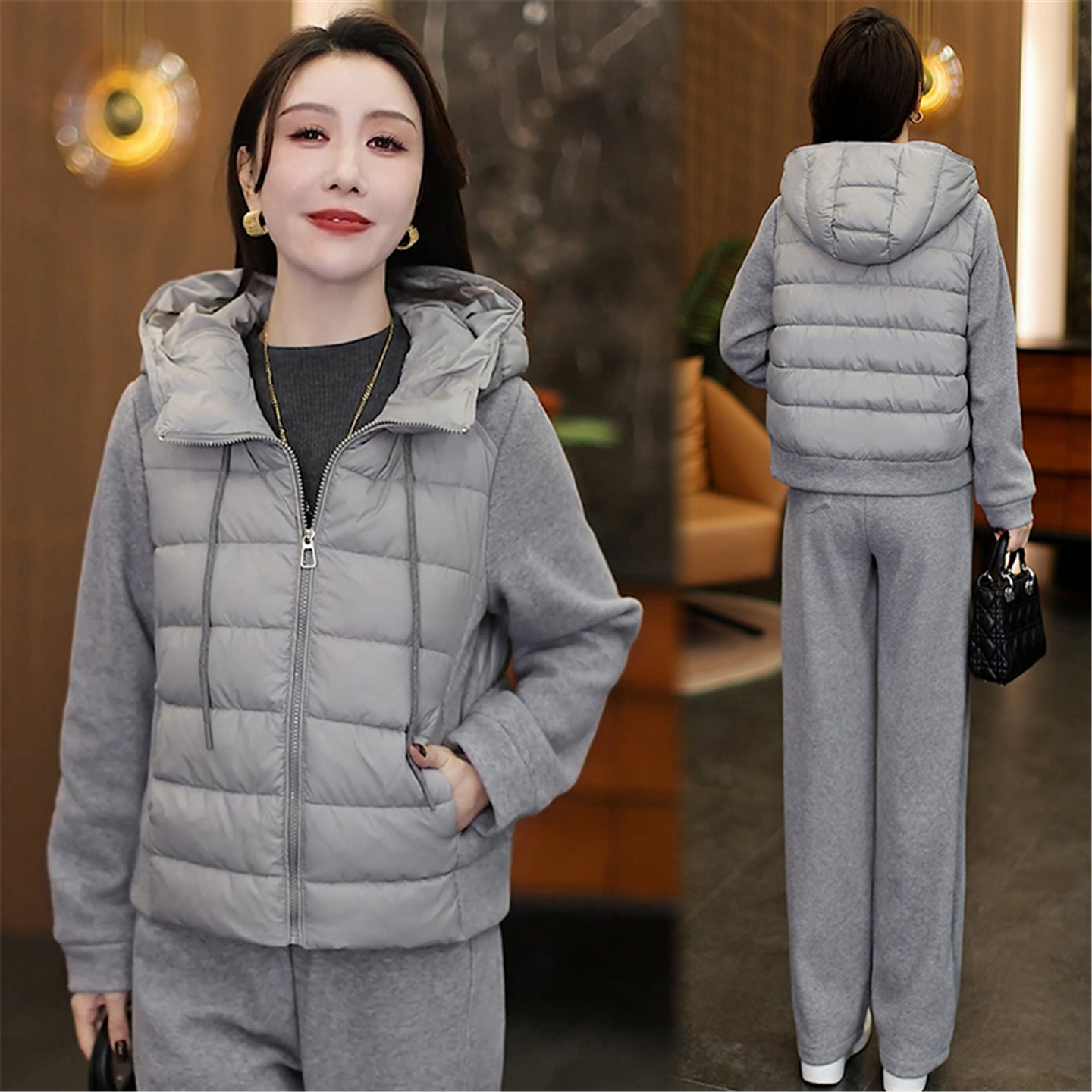 冬季加绒加厚连帽针织棉服女套装