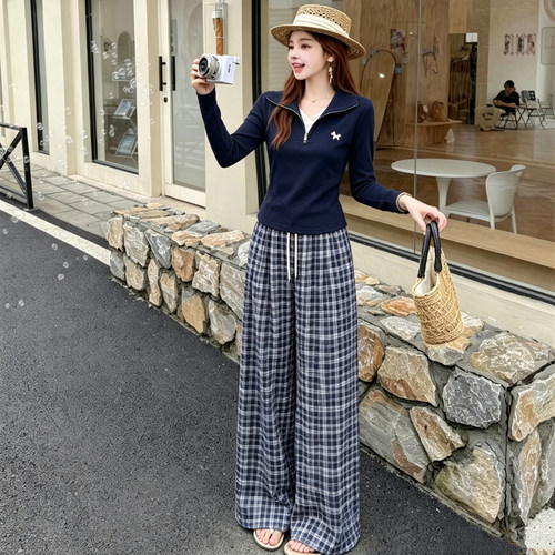 女春秋洋气半拉链卫衣阔腿裤套装