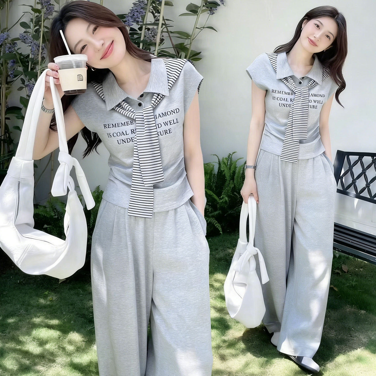 韩版小翻领条纹套装女2026春夏季短袖显瘦休闲卫衣阔腿裤两件套装