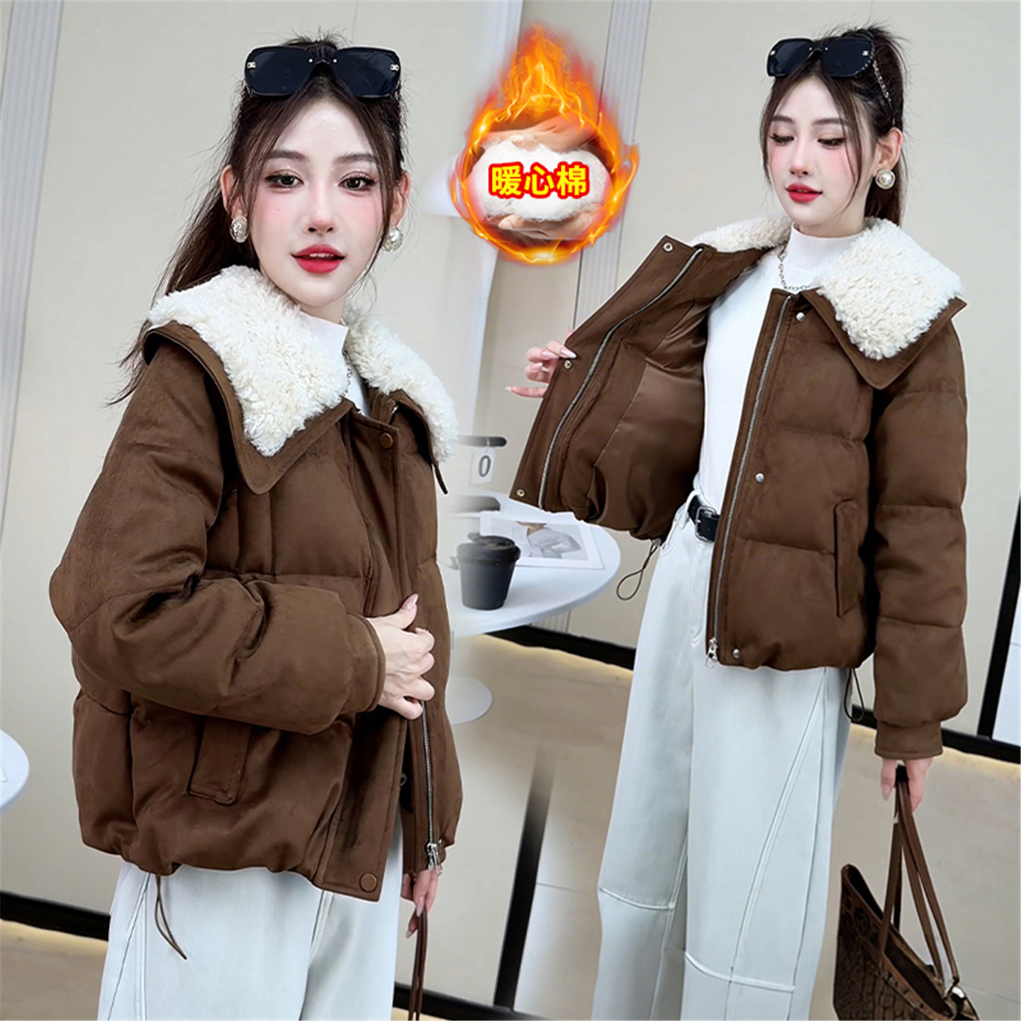 通勤羊羔毛领短款加厚麂皮绒棉服