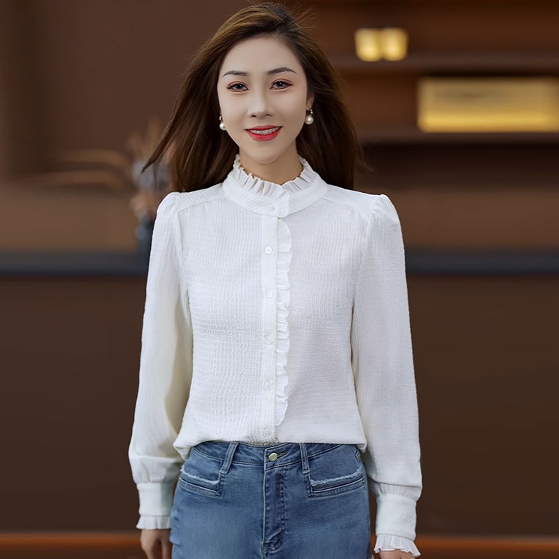 白衬衫2025春季新款韩版时尚木耳花边立领长袖衬衫女装雪纺衫上衣