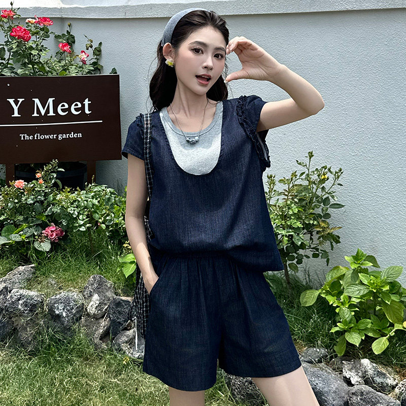 夏季时尚套装女装韩版洋气减龄拼色U领半袖上衣牛仔短裤两件套潮
