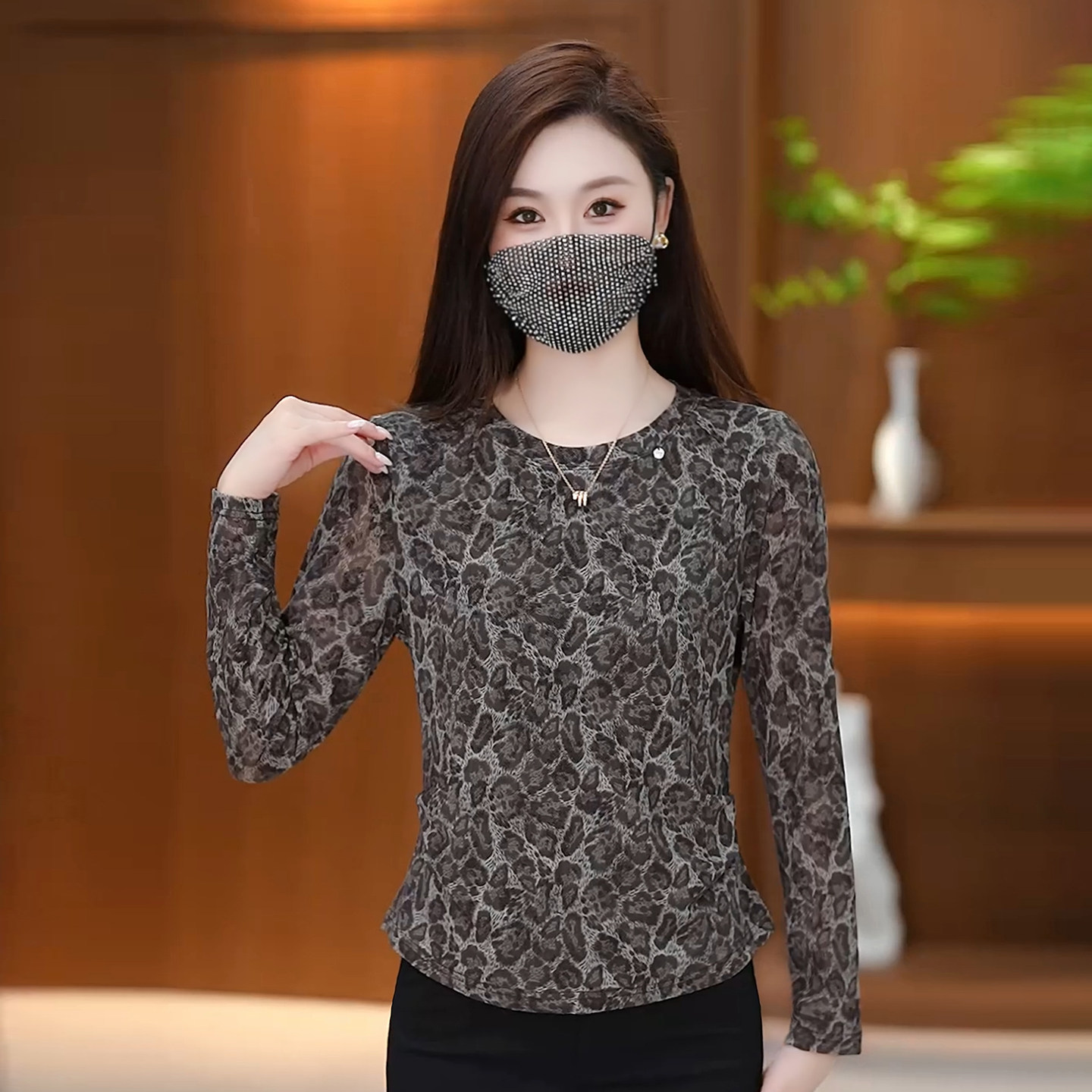 豹纹长袖打底衫女早秋修身T恤衫