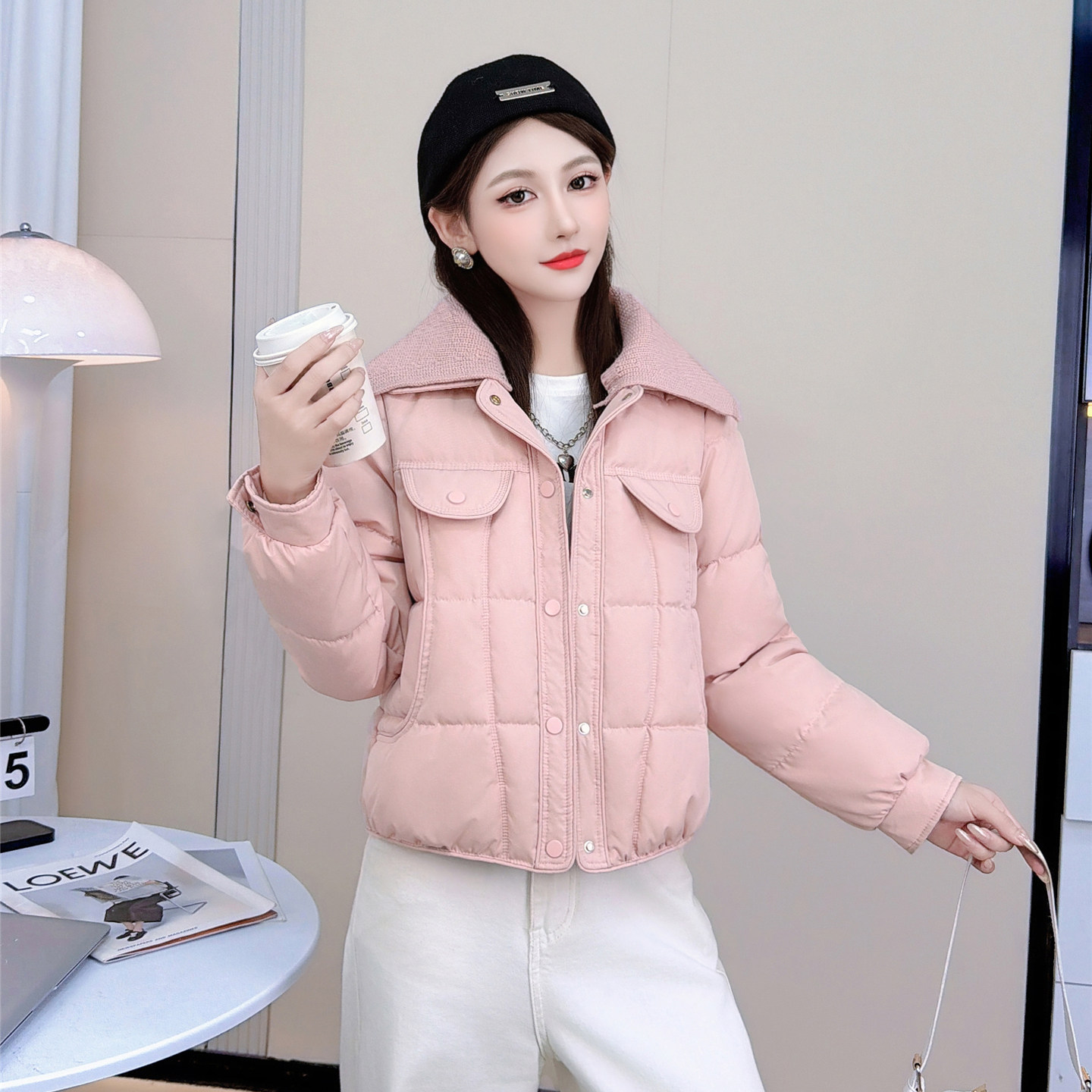粉色海军领棉衣女短款保暖棉服