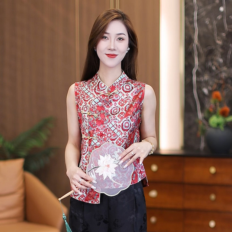 夏季改良立领旗袍上衣新中式国风复古碎花设计感盘扣无袖马夹衬衫