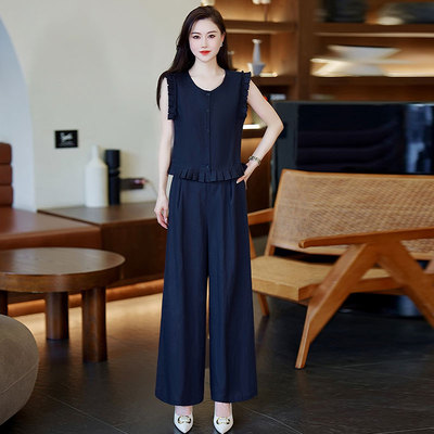 欧洲站时尚天丝亚麻阔腿裤两件套