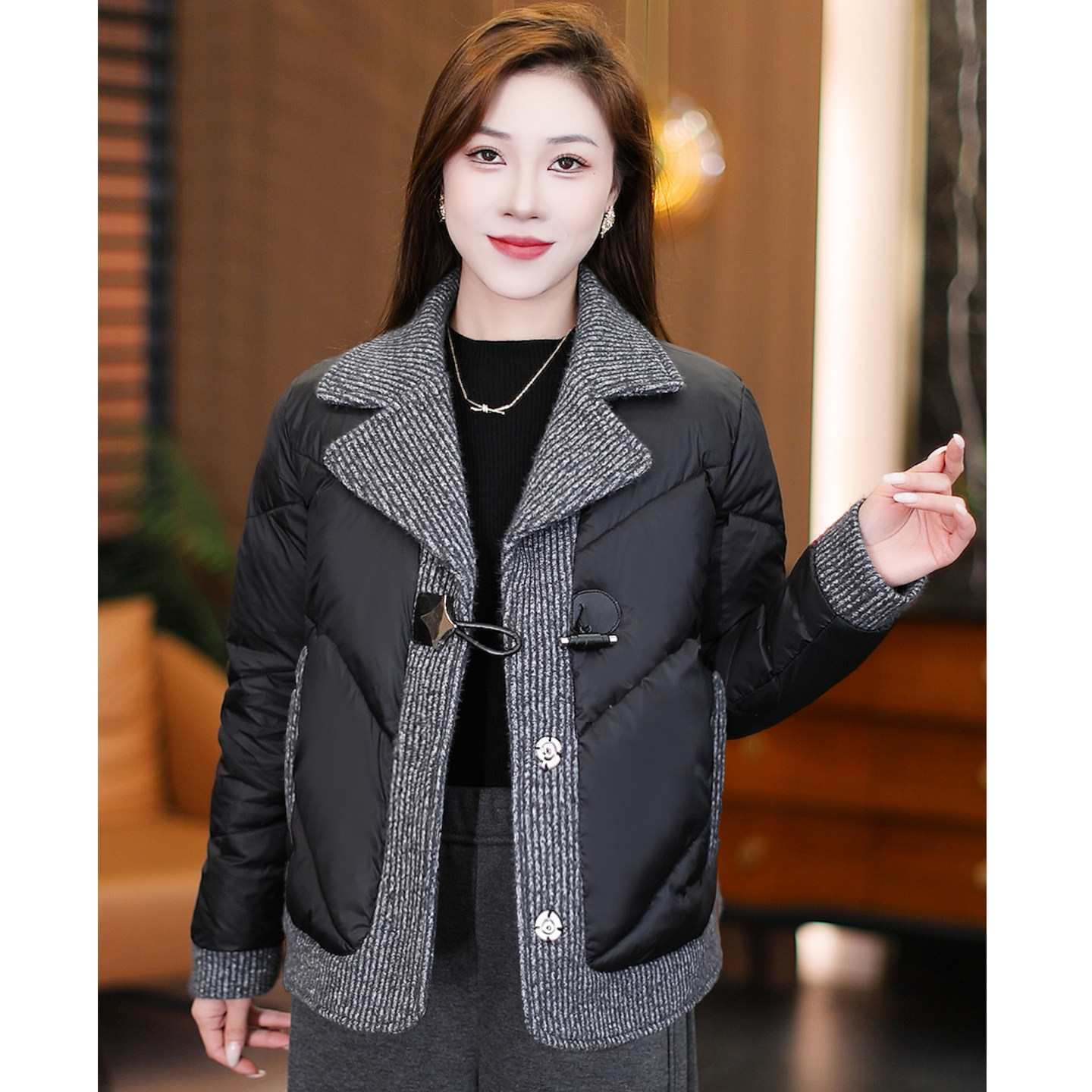 2025冬季新款针织披领拼接棉服女士短款百搭时尚保暖西装棉衣外套