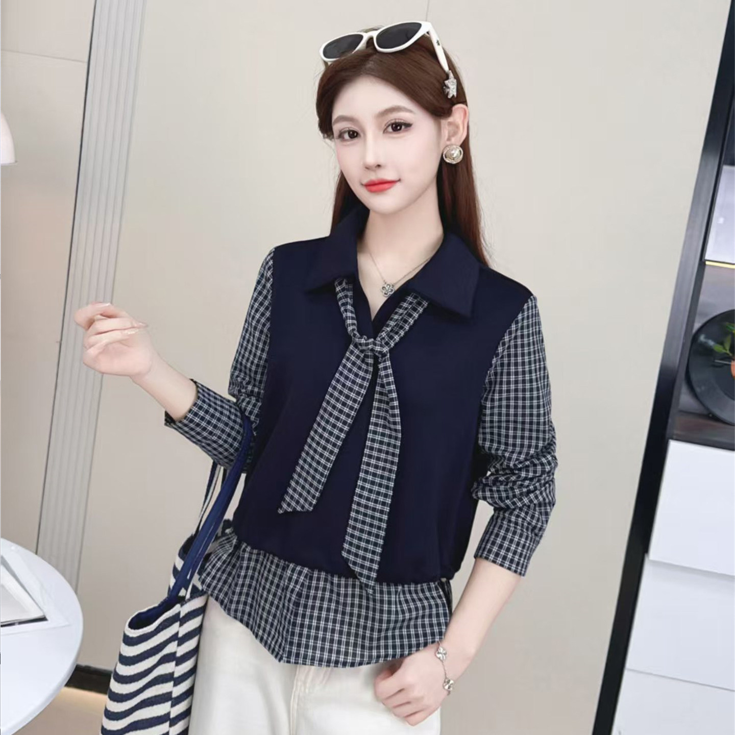 拼接格子连帽卫衣女春秋2025新款韩版时尚翻领宽松休闲假两件上衣