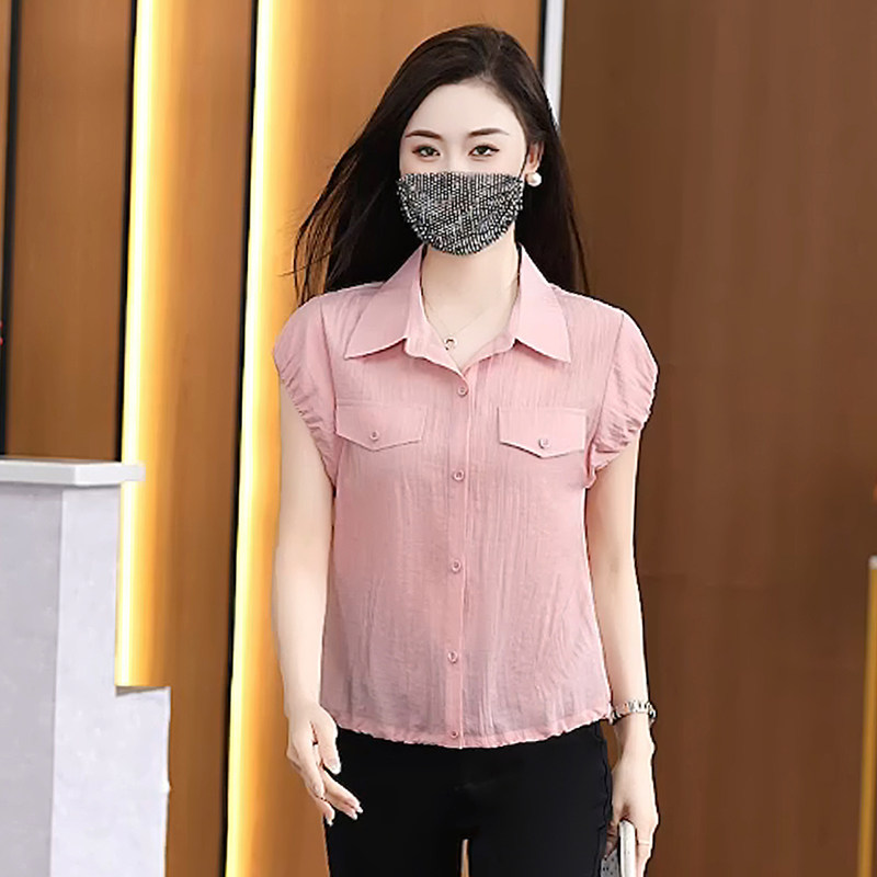 夏天时尚花苞短袖衬衫女休闲洋气宽松减龄显瘦上衣夏季通勤衬衣潮