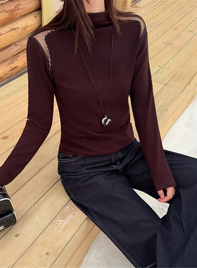 紫色半高领长袖T恤女秋冬内搭打底衫时尚重工烫钻镂空针织衫上衣t