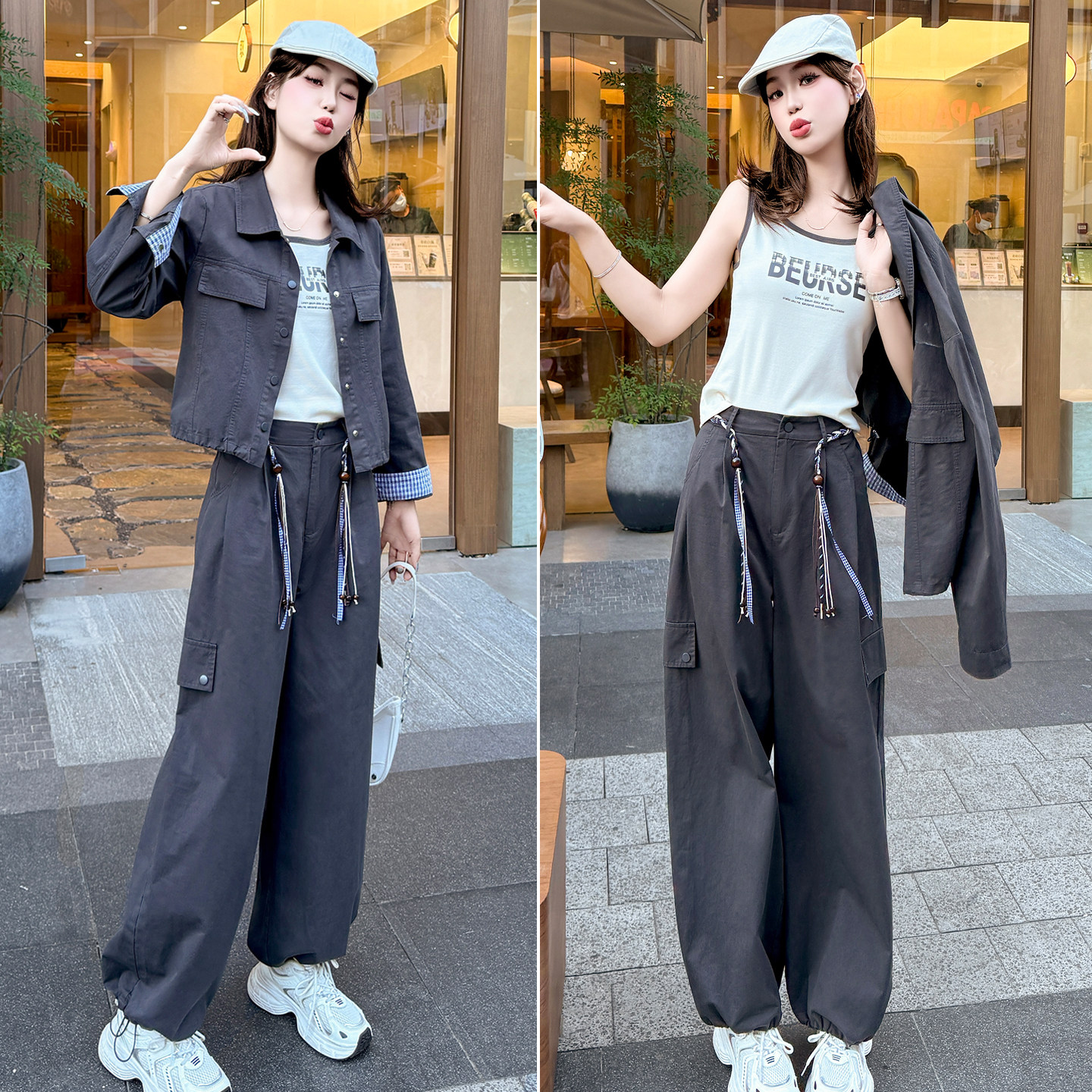 早秋新款时尚洋气减龄女设计感短外套背心宽松显瘦工装裤三件套装