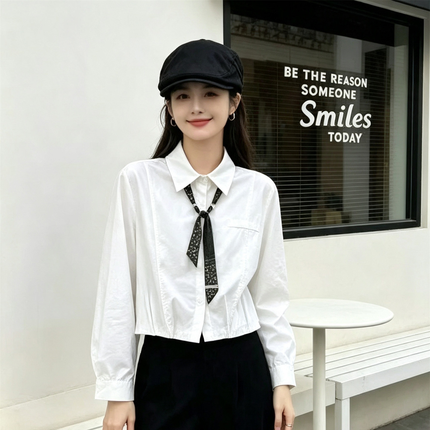 韩版通勤白色polo领长袖衬衫女秋