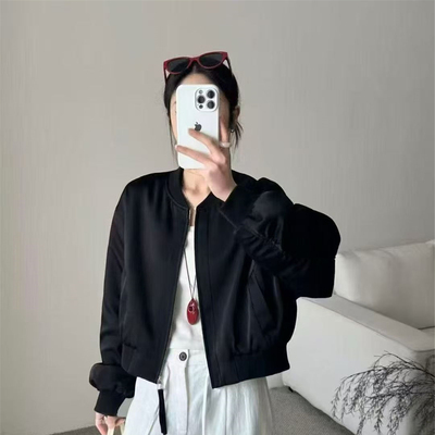 韩版醋酸缎面短款棒球服女装春秋