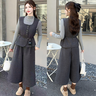 秋冬毛呢马甲套装女士高级感气质显瘦背心打底衫阔腿裤加厚三件套