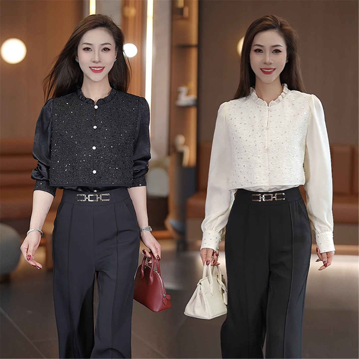 轻熟优雅风木耳边亮片衬衫阔腿裤女春季2026新款气质通勤OL两件套,女装/女士精品,时尚套装,淘宝优惠券,粉丝福利购,淘宝优惠卷
