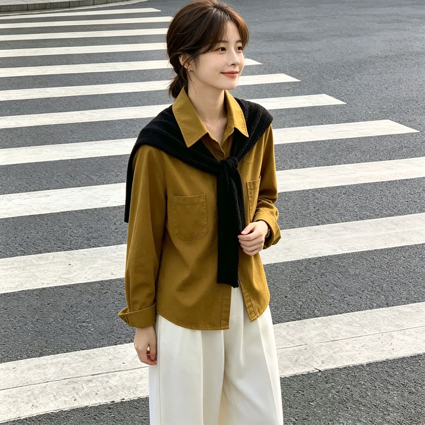 韩系学院风披肩式长袖衬衫女早初秋季气质显瘦翻领衬衣百搭上衣服