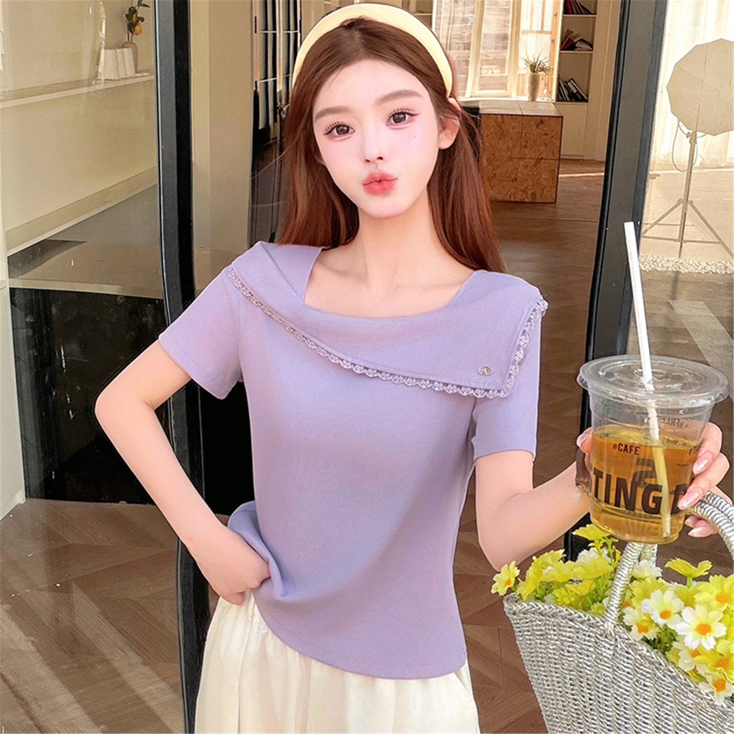 夏季韩版一字领甜美蕾丝显瘦T恤t