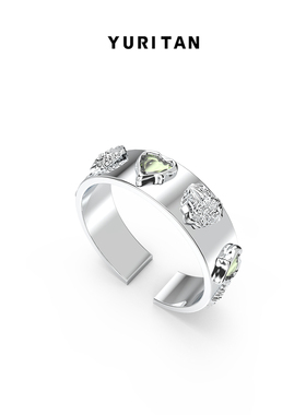 YURITAN海洋贝壳爱心镶钻开口戒指原创设计镀金镶嵌宝石情侣戒