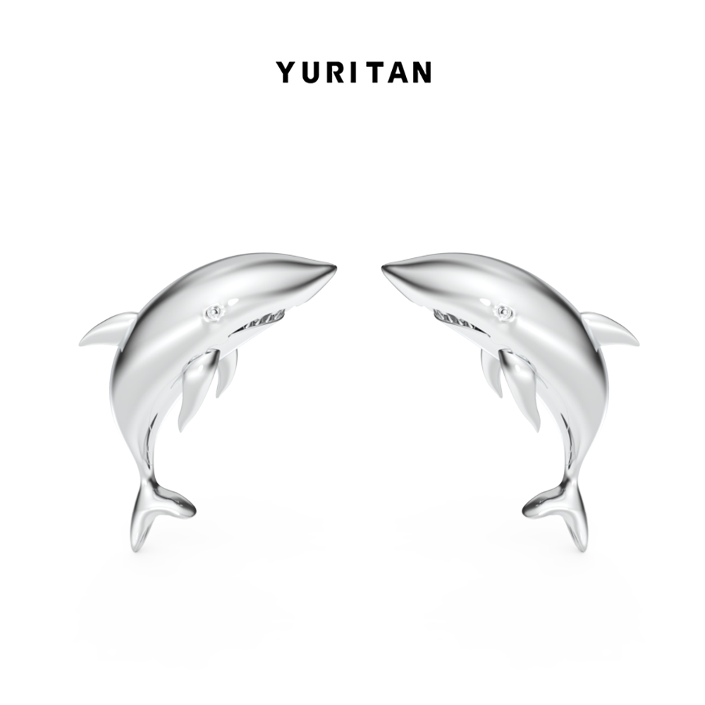 YURITAN深海系列小鲨鱼耳钉镀金原创设计个性情侣款纯银耳针耳饰