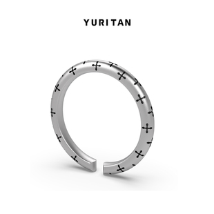 YURITAN十字星芒印记细戒指时尚穿搭叠戴可调节情侣款银黑双色戒