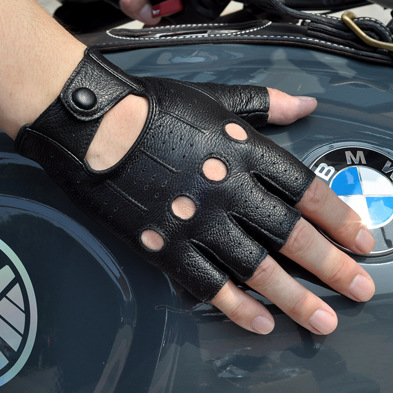 羊皮手套男冬露指摩托车哈雷骑行半截开车防滑耐磨真皮半指手套女