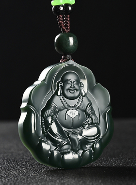 真品新疆和田玉塔青弥勒佛玉吊坠女士大肚笑佛挂件玉石玉佩玉佛公