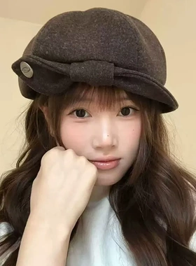 复古时尚蝴蝶结毛呢报童帽秋冬新款气质百搭显脸小八角贝雷帽女
