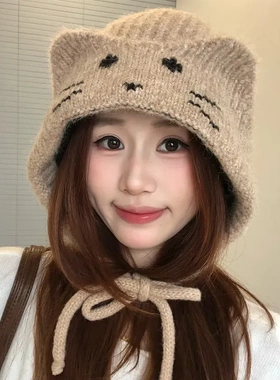 秋冬款韩系可爱风猫咪绑带针织毛线帽时尚百搭保暖雷锋帽显脸小