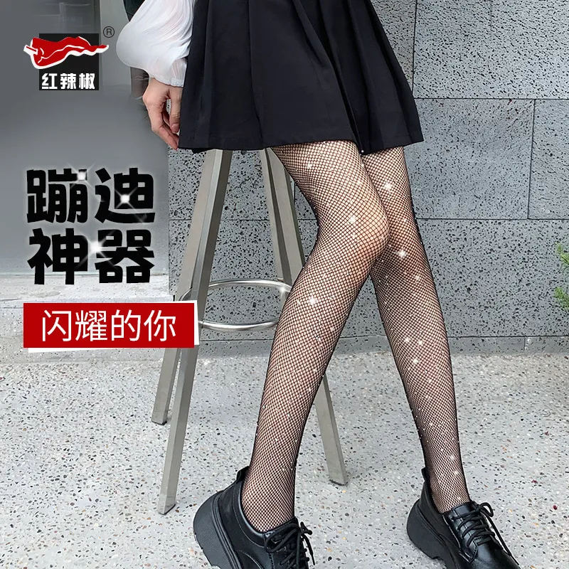 跨境性感渔网袜女镂空烫钻满天星连裤袜夜店蹦迪黑丝带钻网眼袜子