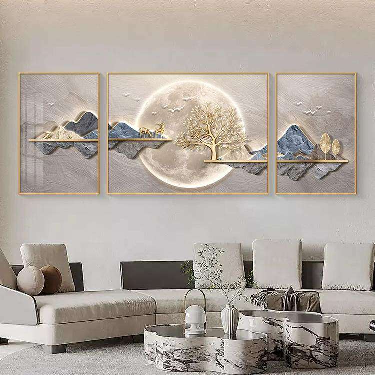 臻艺现代轻奢客厅三联装饰画 画大气沙发背景墙挂画 画高级感靠山