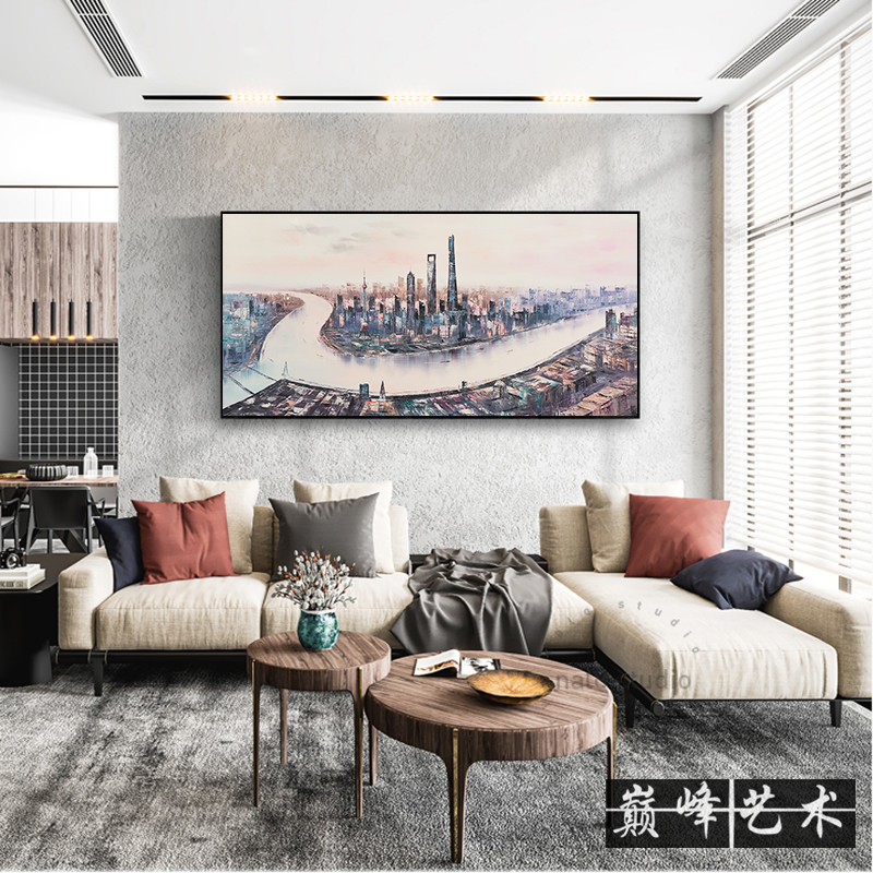 手绘上海风景画城市建筑北欧装饰画现代简约客厅画办公室别墅挂画图片