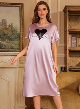 耀婷2024新款缎面爱心字母印花休闲舒适短袖长款女士睡裙21755