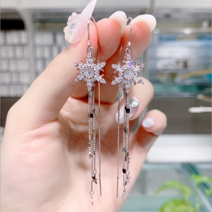 S925整体纯银雪花流苏耳线镶钻亮片中长款显脸瘦气质超仙防丢耳环