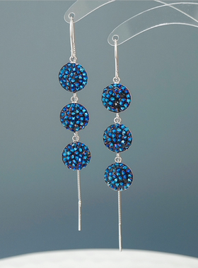 S925通体纯银三连圆形镶钻耳环长款气质显瘦蓝色红色喜庆防丢耳线