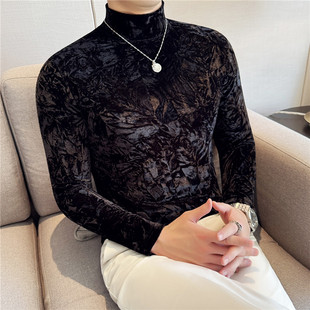 金丝绒半高领t恤男长袖秋冬2025新款加厚加绒修身内搭体恤打底衫