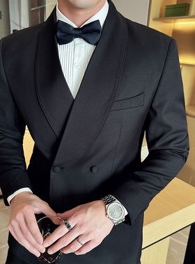 婚纱影楼高级感新郎西服男套装黑色青果领婚礼宴会结婚礼服西装潮
