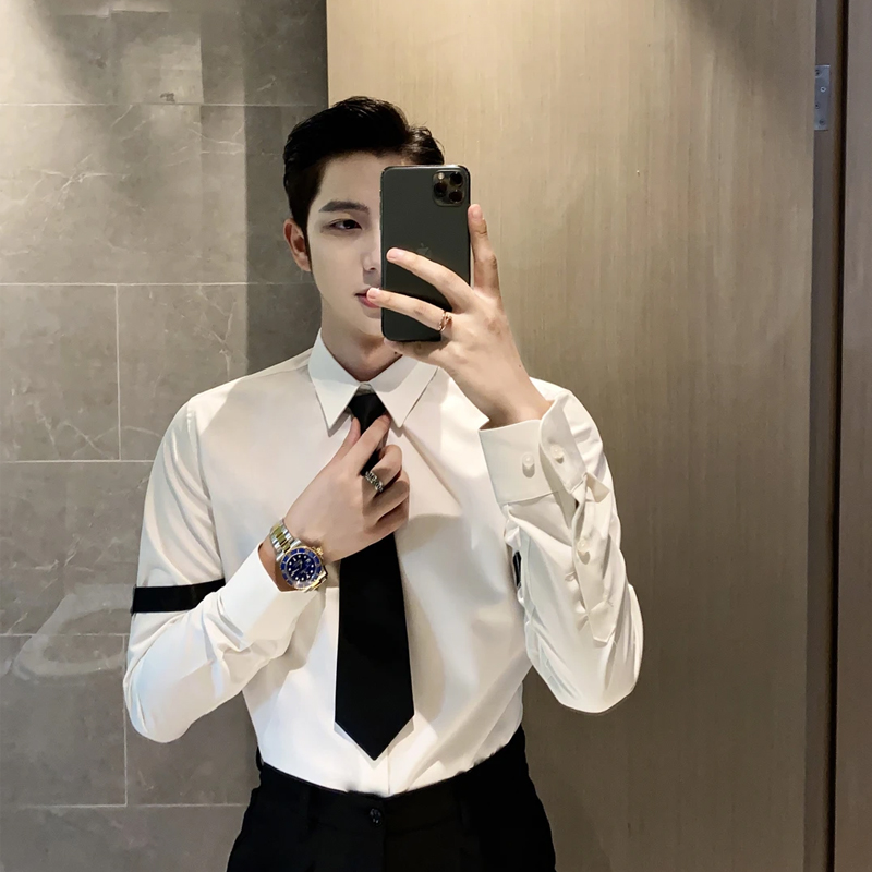 2025新款手臂织带装饰设计感衬衫男长袖帅气痞帅个性潮流百搭衬衣