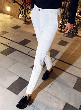 夏季薄款韩版修身休闲裤白色小脚裤时尚弹力紧身休闲裤男士长裤潮