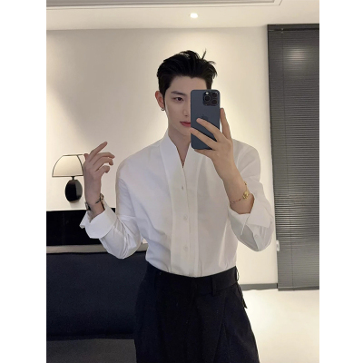 法式V领垫肩无领高级感衬衫男士