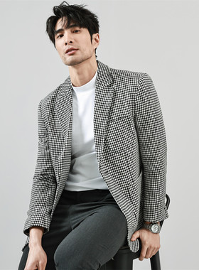 格子小西装男高级感修身韩版痞帅商务休闲西服上衣春秋千鸟格外套