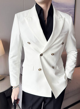 高级感春夏西服男双排扣戗驳领修身宴会主持人白色西装外套潮帅气